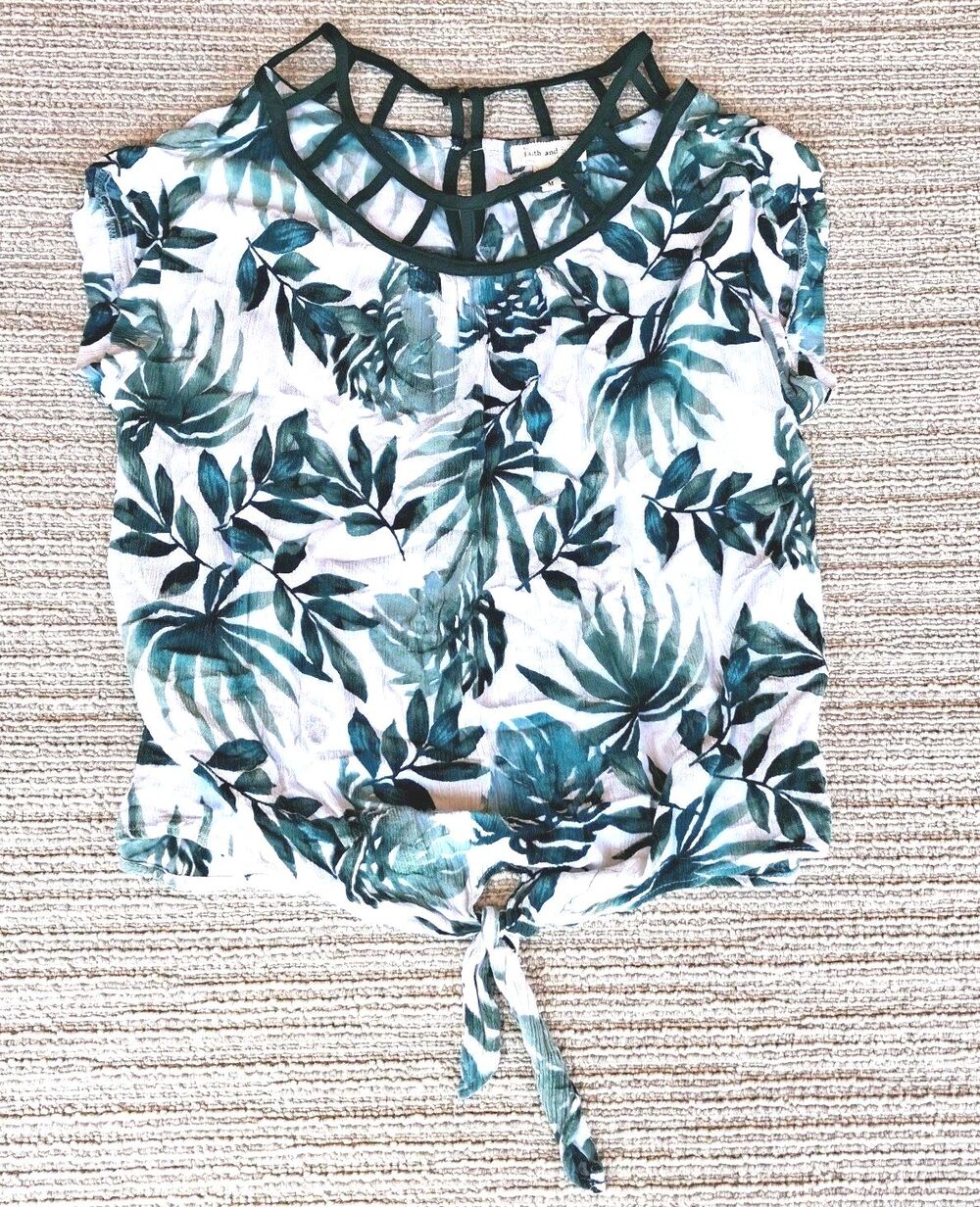 Faith and Joy Top Womens Medium M Tropical Floral Tie Front Cage Neck Keyhole